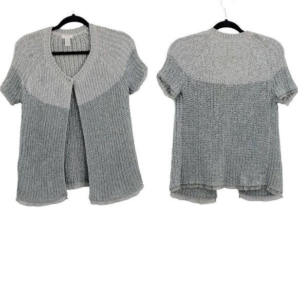 Chico's Cardigan Formal Silver Open Knit Short Sleeve Sheer Lettuce Ruffle 0 - Picture 1 of 16